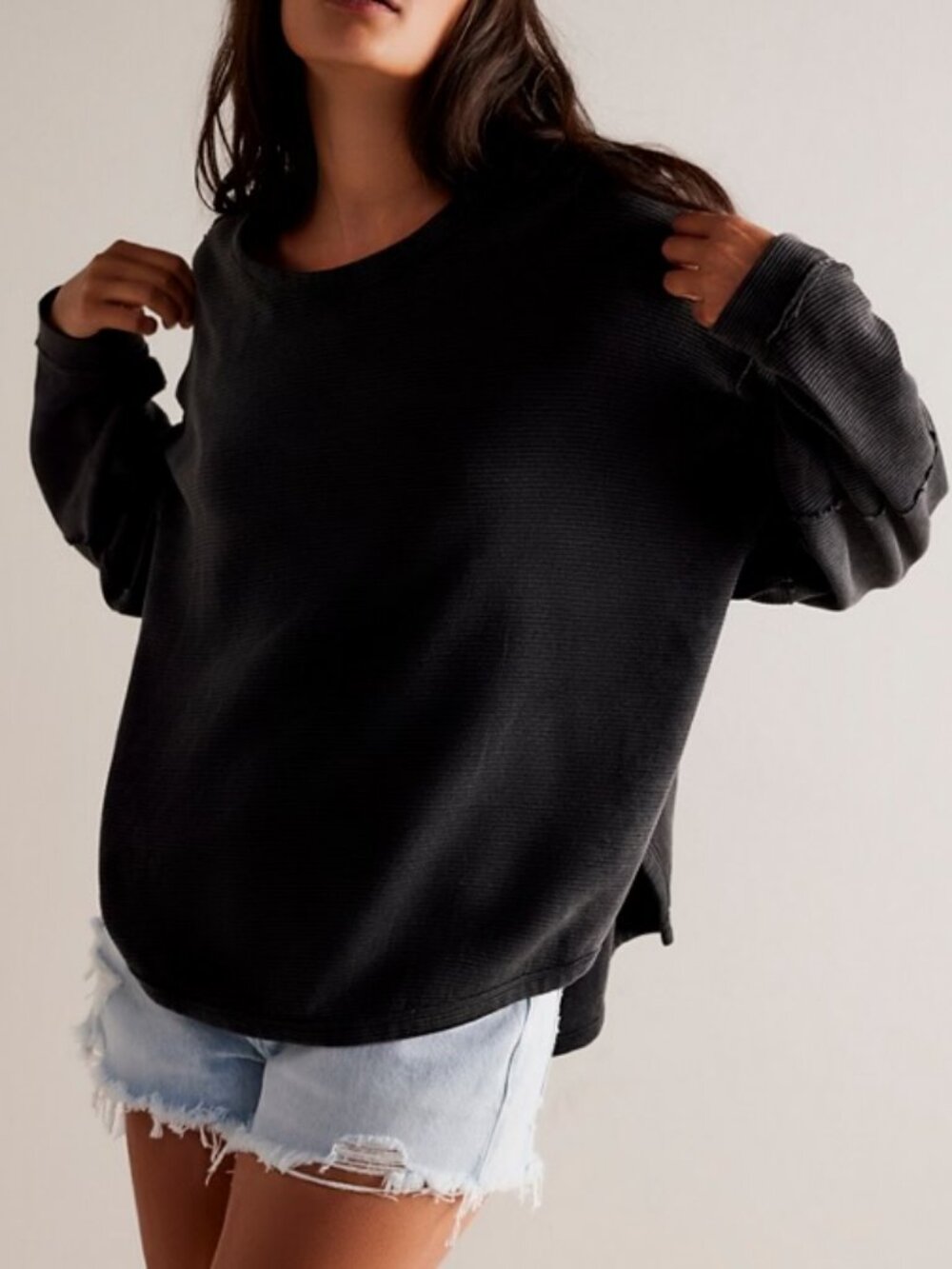 Free People Oversized Black Waffle Knit Pullover